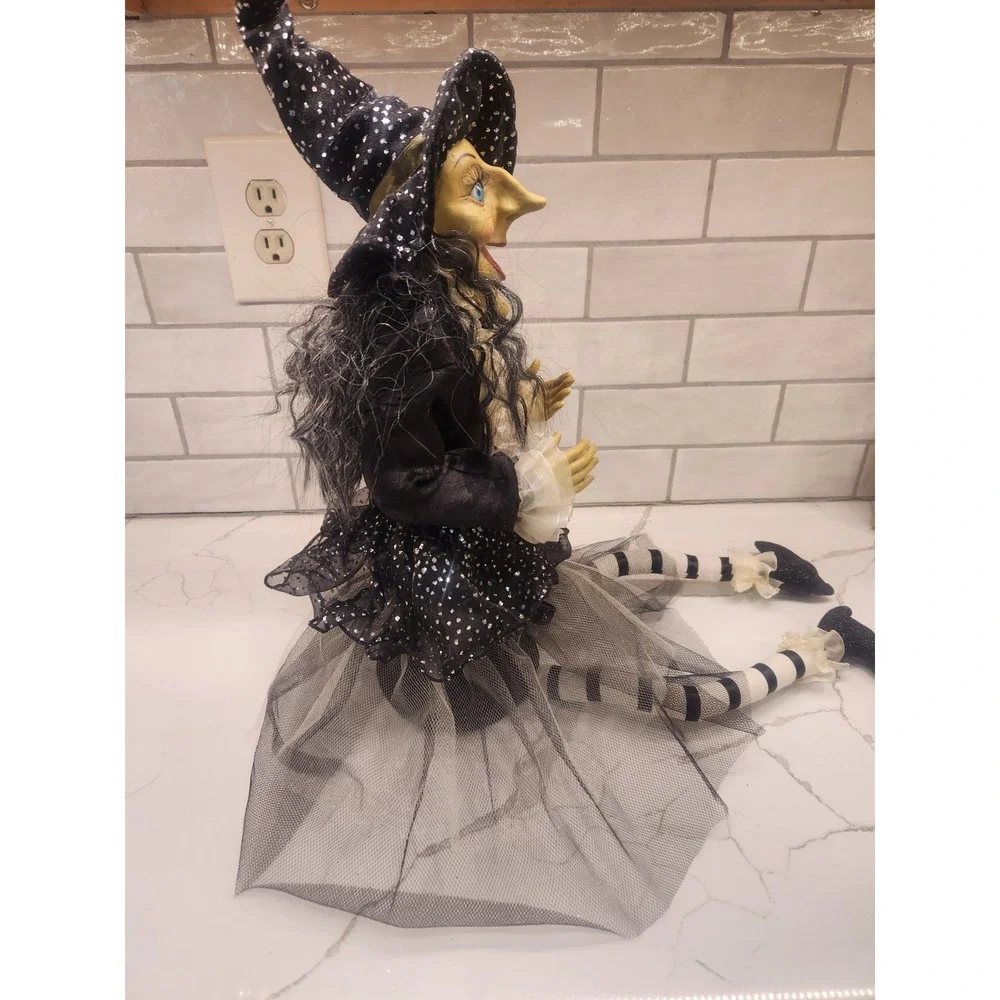 Sitting Halloween Witch with Green Face and Hands Shelf Sitter Dangling Legs